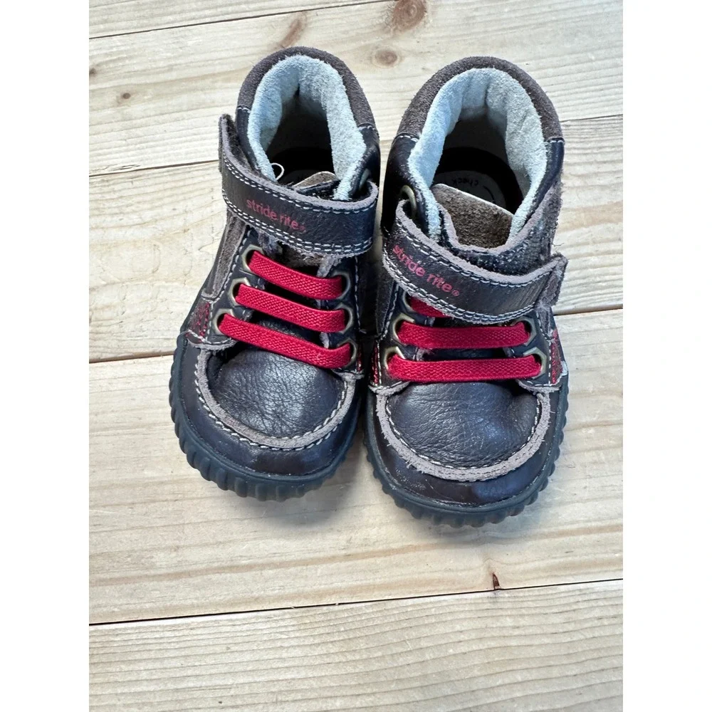 Stride Rite SRT Quest Leather Boots Size 4M Boys Brown Red Lace‎ Up Hook Loop